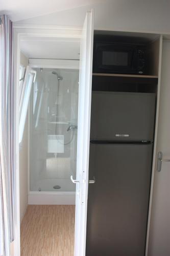 La cuisine est équipée d'un réfrigérateur noir et d'un four micro-ondes. dans l'établissement Tropical Bungalow 2, à Vic-la-Gardiole