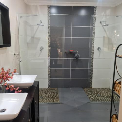La salle de bains est pourvue d'une douche et d'un lavabo. dans l'établissement Luxury Home with breathtaking views of Champagne Valley, à Bergview