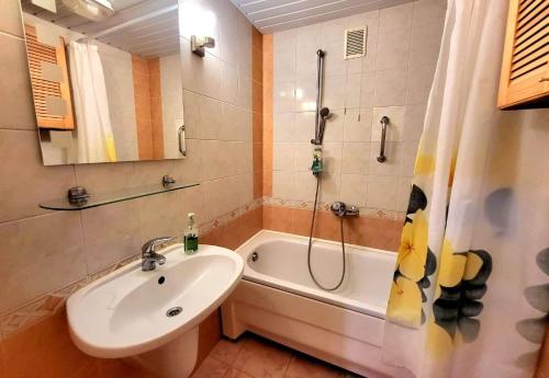 a bathroom with a sink and a shower and a tub at Stasys Apartments Pilies Street in Vilnius