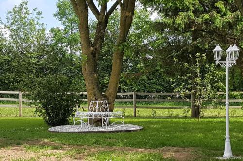 un banc assis dans l'herbe à côté d'un arbre dans l'établissement La Bocagère d' Henri, à Saint-Côme-du-Mont