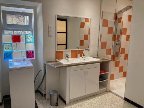 een badkamer met een wastafel en een spiegel bij Pélissanne, superbe appartement entièrement rénové in Pélissanne