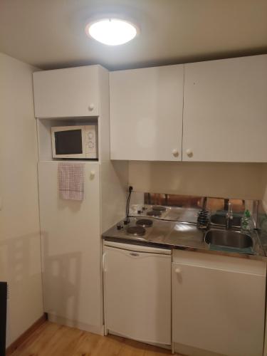 eine Küche mit weißen Schränken, einer Spüle und einer Mikrowelle in der Unterkunft Charmant studio à St Martin Vésubie au calme in Saint-Martin-Vésubie