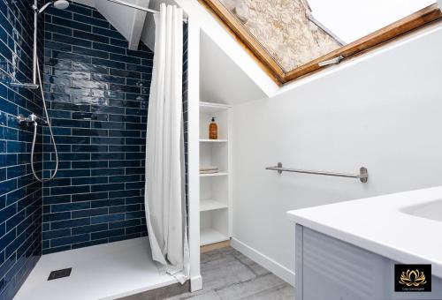 uma casa de banho com um chuveiro com azulejos azuis em Alvéo em Fontainebleau