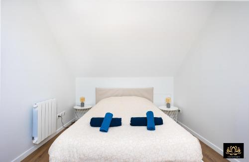 a bedroom with a bed with blue pillows on it at Alvéo in Fontainebleau