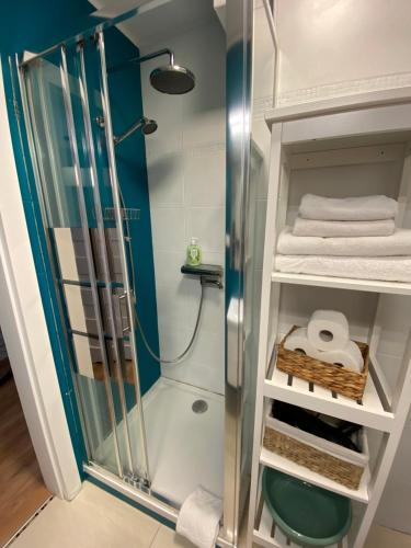 a bathroom with a shower and some towels in it at Apartament Chleb i Wino in Krynica Zdrój