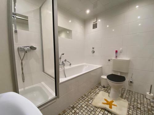 een badkamer met een bad, een toilet en een douche bij Ferienwohnung Bad Säckingen ruhig und zentral in Bad Säckingen