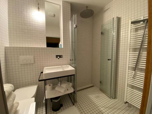 a white bathroom with a sink and a shower at Blackbird´s Nest in Wiesenbronn