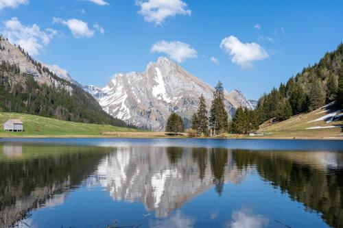 a mountain reflecting in a lake in the mountains at Hotel Sternen Unterwasser in Unterwasser