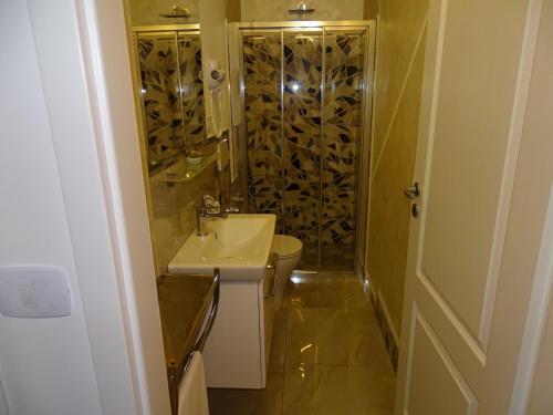 uma casa de banho com um WC, um lavatório e um chuveiro em Water Lily Apartment Studio 2 free parking- self check-in em Oradea