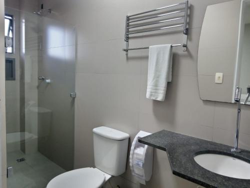 e bagno con servizi igienici, lavandino e doccia. di Hotel Solar Vitória a Vitória da Conquista