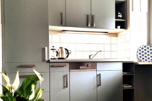a kitchen with stainless steel appliances at Rostock hautnah erleben - schöne Maisonette 2OG in Rostock