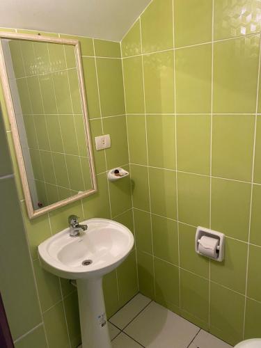 a green bathroom with a sink and a mirror at Dpto Bolivar Hermoso, amplio y bien ubicado en la chura Tarija in Tarija