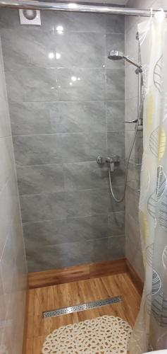 a shower with a shower curtain in a bathroom at KOKON Noclegi Żuromin in Żuromin