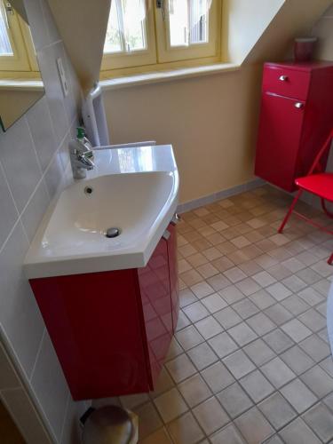 baño con lavabo rojo y armario rojo en Chambre d'hote chez Maud, en Saint-Sauveur-Marville