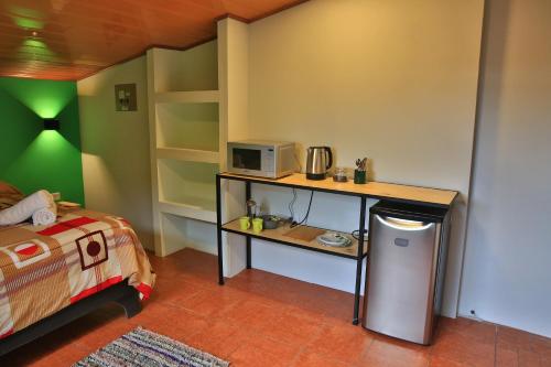 a room with a bed and a desk with a microwave at Mangifera Hostel in Grecia
