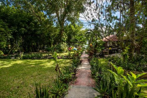 a path through a garden with a house at Villa Santuario Lake front Oasis in Bacalar