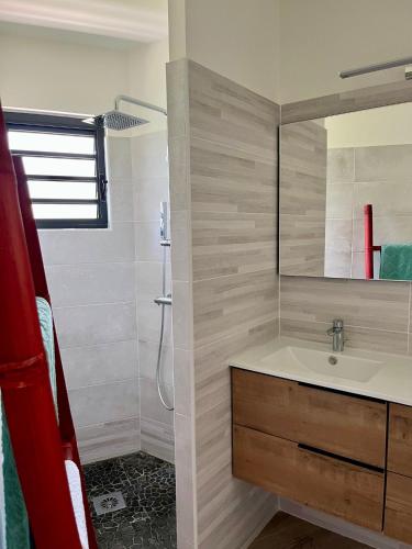 a bathroom with a sink and a shower at Calypso Bay in Bouillante