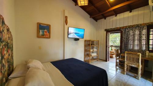 a bedroom with a bed and a tv on the wall at Pousada Pura Vida Maresias in Maresias