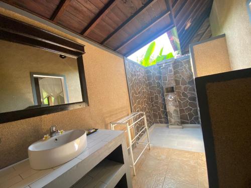 a bathroom with a sink and a shower with a mirror at Badini Homestay Pemuteran Bali in Pemuteran