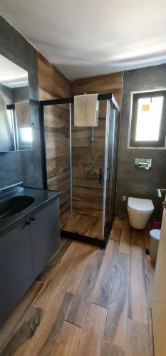 ein Badezimmer mit Dusche, Toilette und Waschbecken in der Unterkunft Özel havuzlu lüks villa in Kusadası
