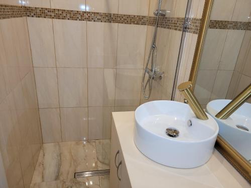 Un baño con lavabo blanco y ducha. en MaDaS, en Bărbăteşti
