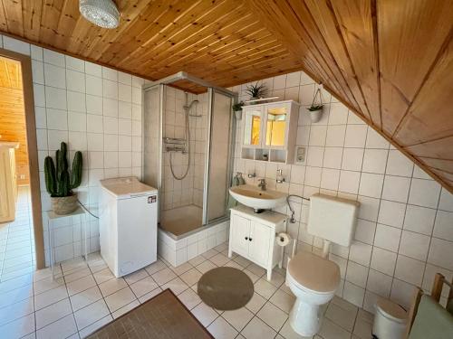 a bathroom with a sink and a toilet and a shower at Ferienwohnung Kiefer (Quedlinburg Zentrum) in Quedlinburg
