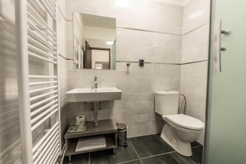 W łazience znajduje się umywalka, toaleta i lustro. w obiekcie Hotel Orka w mieście Moravská Třebová
