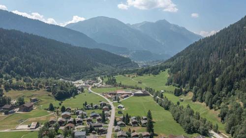 an aerial view of a village in a valley with mountains at Aktiv- und Genusshotel Alpenblick in Fiesch