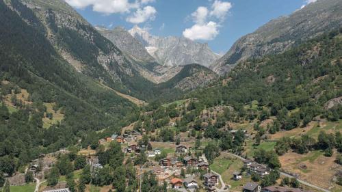 a village in a valley in the mountains at Aktiv- und Genusshotel Alpenblick in Fiesch