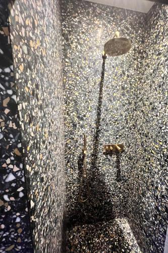 a bathroom with a black and gold glitter shower at Villa familiale avec vue imprenable in Saint-Raphaël