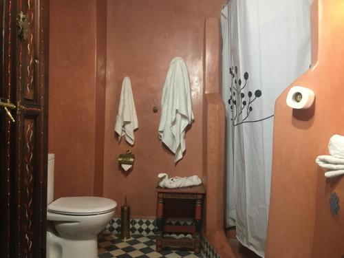 a bathroom with a toilet and a shower at Riad Blue Berber in Marrakech