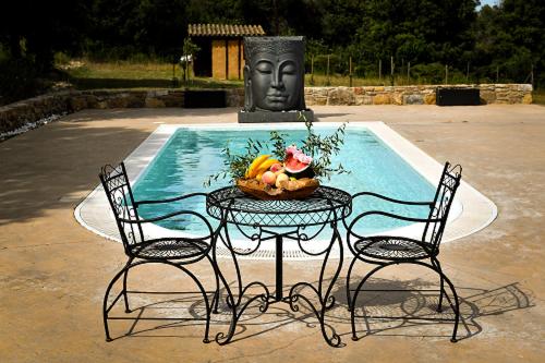 a table with a bowl of fruit on it next to a pool at Mas Valoria in Peratallada
