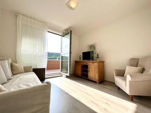 a living room with a couch and a tv at Balu Apartments in Prague