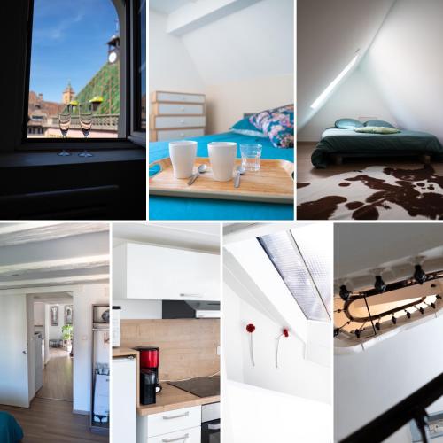 a collage of photos of a room at SECRET MAMA with mobile aircon, including a free parking space at 200 meters in Colmar
