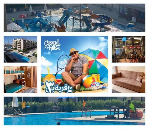 a collage of pictures of a pool and a man talking on a phone at Chalet at Grand Hills Village - ONLY For Family in El Hamam