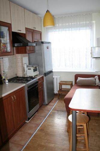 a kitchen with stainless steel appliances and a table at Cosy one room apartment in Vilnius