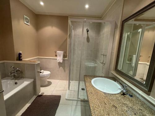 a bathroom with a sink and a shower and a toilet at DunPuttin - Pinnacle Point Golf Estate in Mossel Bay