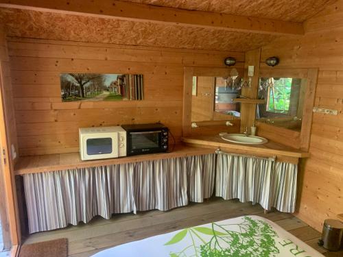 une petite cuisine avec un micro-ondes et un évier dans l'établissement les cabanes, à Lège-Cap-Ferret