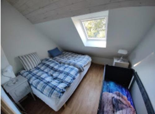 a bedroom with a bed and a window in a attic at The parrot hotel, live in a rescue animal park in Næstved