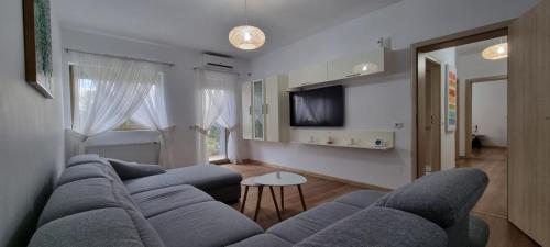 uma sala de estar com um sofá azul e uma televisão em Sasu Apartment em Timisoara