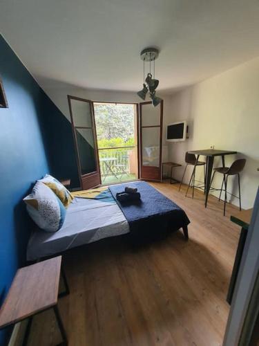 une chambre avec un lit sur lequel est allongé un chat dans l'établissement Studio Aix avec stationnement, à Aix-en-Provence