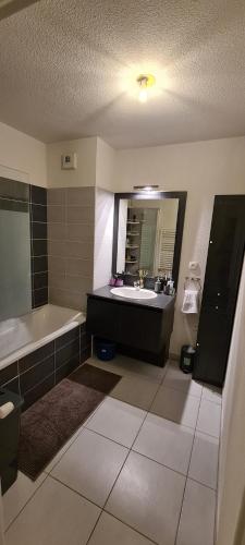 La salle de bains est pourvue d'une baignoire, d'un lavabo et d'un miroir. dans l'établissement Superbe appartement COSY, à Montpellier