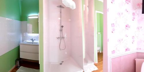 un bagno rosa con doccia e lavandino di BEDLOIRE a Drain