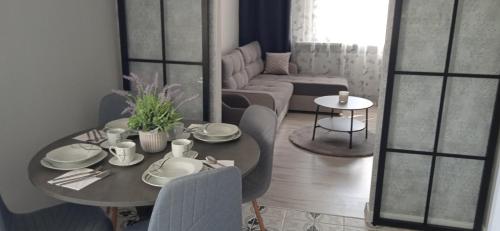 波茲南的住宿－Apartament Klonowa，客厅配有桌子和沙发