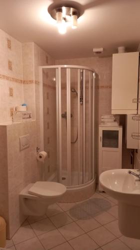 y baño con ducha, aseo y lavamanos. en Harrachovský apartmán, en Harrachov