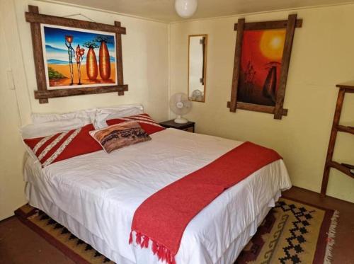 1 dormitorio con 1 cama con manta roja y blanca en Jacobs Bay Backpackers, en Jacobs Bay
