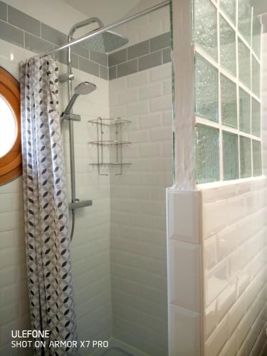 une douche avec une porte vitrée dans une salle de bain dans l'établissement Olive View, à Puissalicon