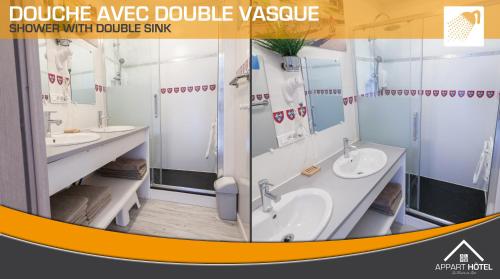 a bathroom with two sinks and a shower with double sink at Appart'hôtel Les Prés Blondeau de 1 à 10 personnes in Les Rosiers
