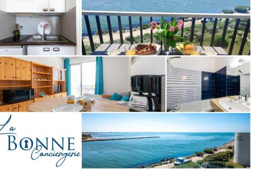 un collage de photos d'une cuisine et d'une plage dans l'établissement Le Maeva PLage - Vue mer d'exception - Parking privé - La Grande Motte, à La Grande Motte