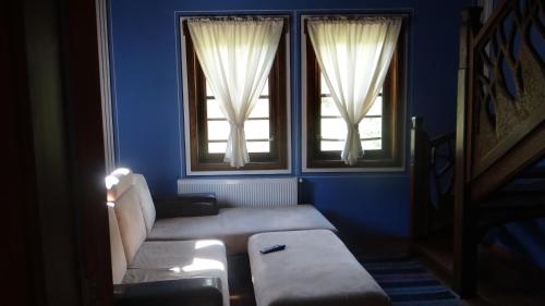 a blue room with a couch and two windows at Недкова къща in Koprivshtitsa